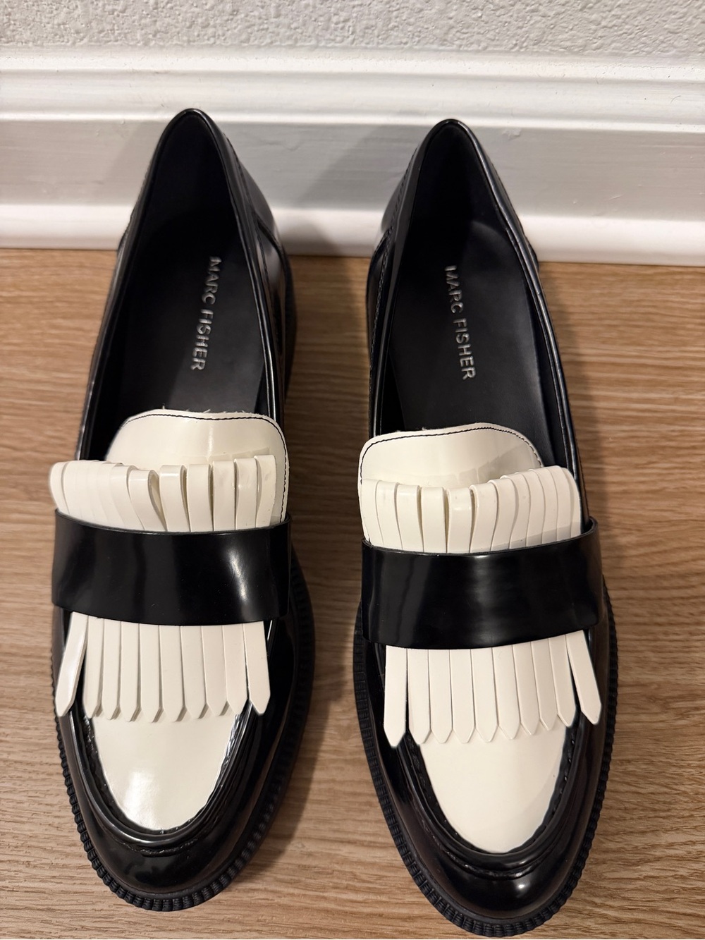 Marc Fisher Black and White Leather Kiltie Loafers